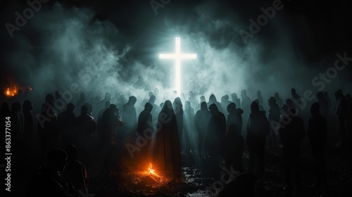 People silhouettes with glowing crosses denoting faith, hope, and religion photo