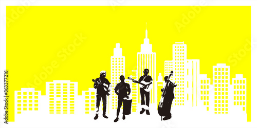 Vector illustration of a street musician with a background of city skyscrapers