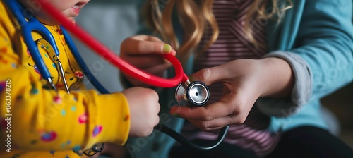 Pediatrician using a colorful stethoscope to examine children comprehensive visual study of pediatric auscultation photo