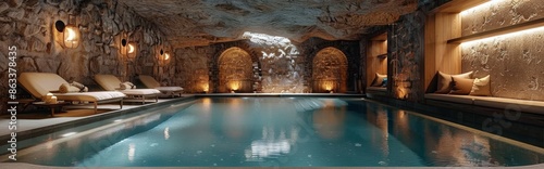 Indoor Swimming Pool With Lounge Chairs And Stone Walls