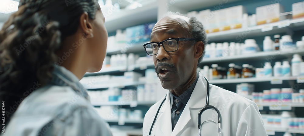 Obraz premium Pharmacist explaining medication usage to a patient deepdive image analysis of educational practices in pharmacies