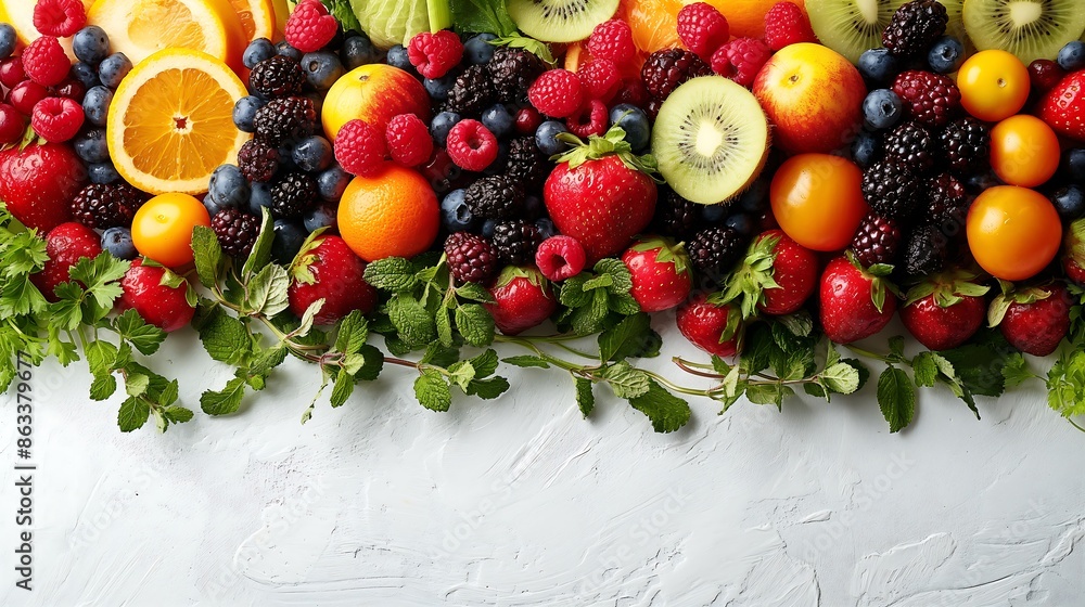 A background with lots of white space and professional close up look of lots of healthy fruits and vegetables A background with lots of white space and professional close up look of lots of healthy fruits and vegetables