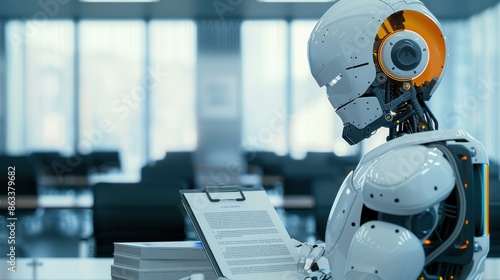 A humanoid robot in a modern office setting, examining a clipboard. The futuristic scene highlights advanced technology and artificial intelligence.