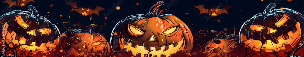 A group of pumpkins with scary faces are displayed in a dark background A group of pumpkins with scary faces are displayed in a dark background