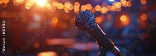 A Close-Up of a Microphone on a Stage With Blurred Lights