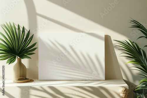 Featuring a minimalist tropical background with calming green and beige hues, this photo mockup of a white table sign captures a serene and stylish aesthetic