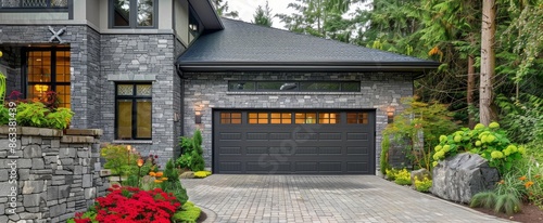Modern Grey Garage Door With Stone Accents and Windows