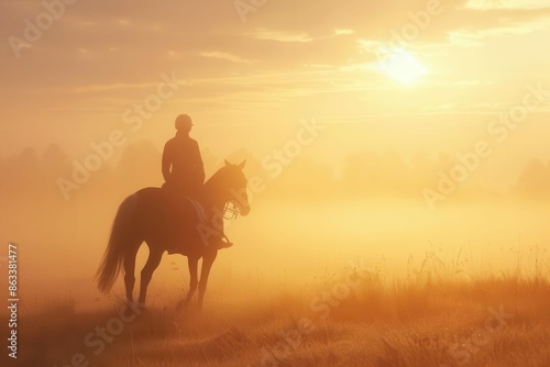 equestrian serenity silhouette of horse and rider against misty sunrise landscape with golden light © Lucija