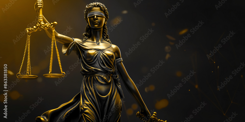 Fototapeta premium A statue of the Lady of Justice, blindfolded and holding a scale, stands against a dark background with golden lights