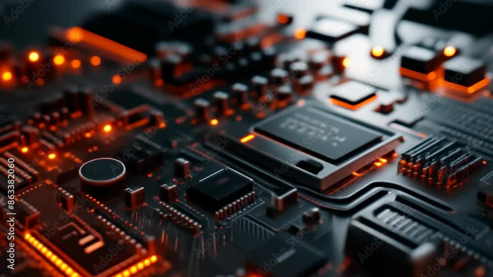 Close-up of a glowing computer chip on a circuit board, highlighting technology, electronics, and innovation Close-up of a glowing computer chip on a circuit board, highlighting technology, electronics, and innovation