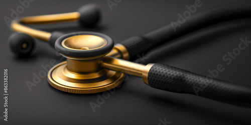 A close-up shot of a gold stethoscope, featuring a textured black tube, laying on a dark surface, highlighting the intricate details of the medical instrument