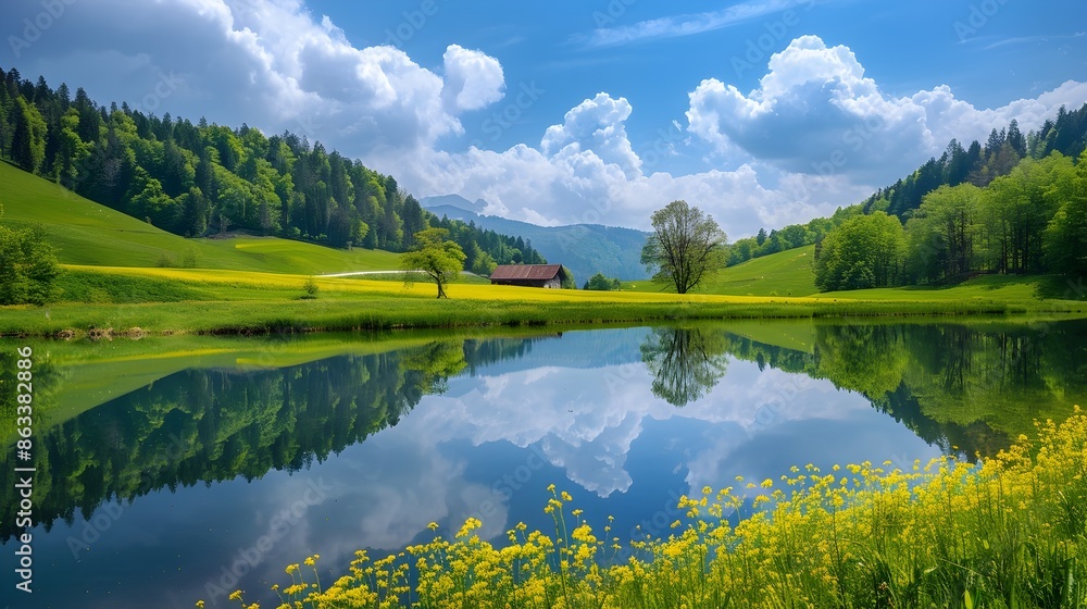 Mesmerizing Reflection of Alpine Meadow and Mountains in a Tranquil Swiss Lake Mesmerizing Reflection of Alpine Meadow and Mountains in a Tranquil Swiss Lake