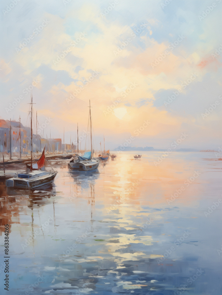 Impressionist Harbor Scene at Sunrise with Boats Impressionist Harbor Scene at Sunrise with Boats