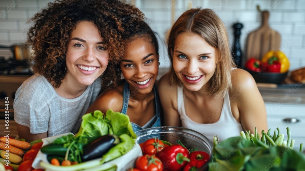 Three women are smiling and posing in front of a table full of vegetables. The vegetables include carrots, tomatoes, and broccoli. Scene is cheerful and positive Three women are smiling and posing in front of a table full of vegetables. The vegetables include carrots, tomatoes, and broccoli. Scene is cheerful and positive