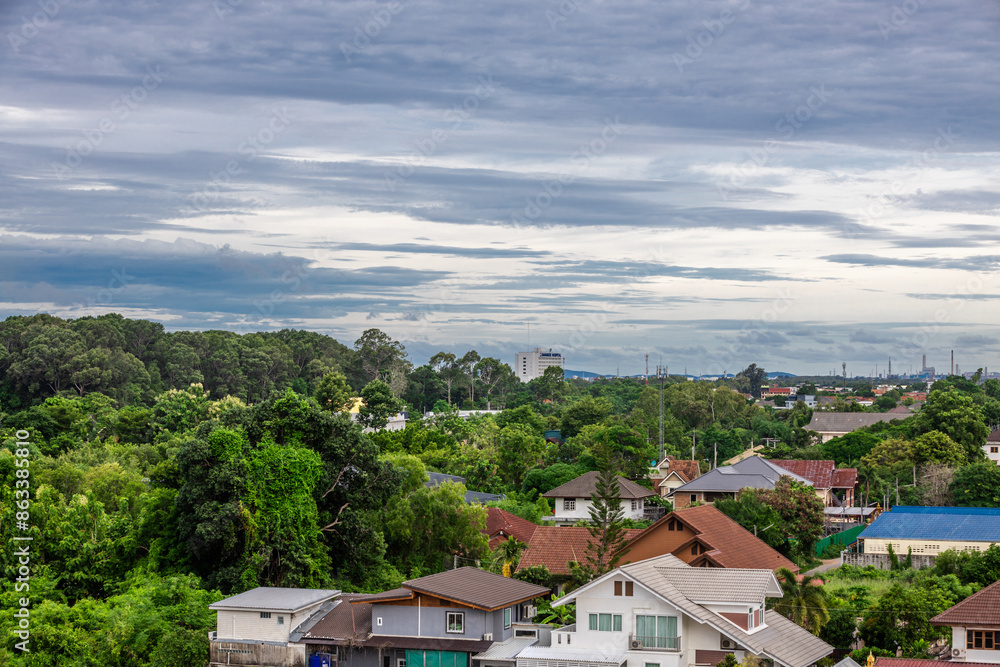 background of high angle scenery From the hotel balcony you can see trees. Cassava fields and the surrounding sea background of high angle scenery From the hotel balcony you can see trees. Cassava fields and the surrounding sea