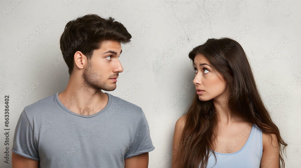 man with a embarrassed face looking to a woman man with a embarrassed face looking to a woman