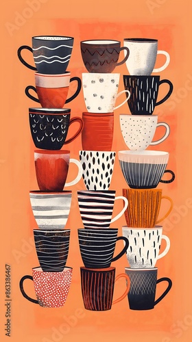 illustration print of a bunch of coffee mugs in a variet of designs, on a color background photo