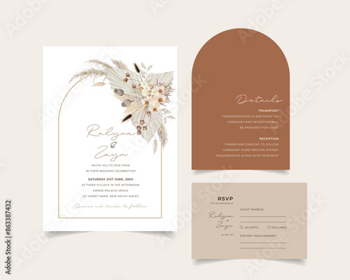 Wedding invitation template set with white dried floral arch and leaves decoration, Watercolor tropical desert pampas, dried palm spear, orchid, poppy pods, and bunny tails