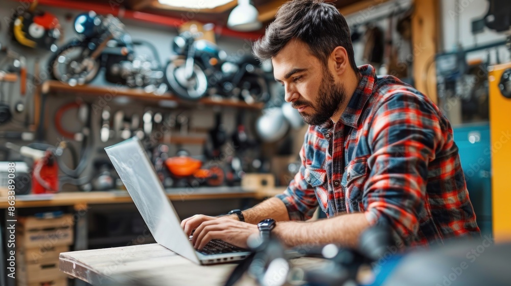 A man is sitting at a table with a laptop open in front of him. He is wearing a plaid shirt and he is focused on his work. The room is filled with various items, including several motorcycles A man is sitting at a table with a laptop open in front of him. He is wearing a plaid shirt and he is focused on his work. The room is filled with various items, including several motorcycles