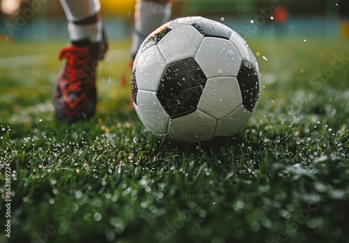A Soccer Player Kicking a Mud-Stained Ball on a Sunny Day