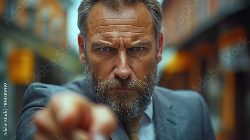 Intense Bearded Man Pointing at Camera
