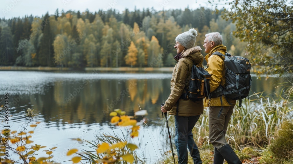 Side view of senior pensioner couple hiking by lake in nature appreciating the beauty of outdoor activities Side view of senior pensioner couple hiking by lake in nature appreciating the beauty of outdoor activities
