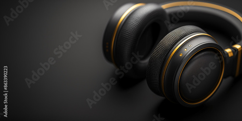 A close-up shot of black headphones with a gold trim, resting on a dark surface