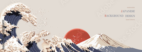 富士山, 波, 和, 和風, ベクター, 年賀状, 背景, 日本画, フレーム, 海, 新年, 初売り, お正月, 正月, 富士, レトロ, 山, 大正ロマン, 初日の出, 日の出, イラスト
