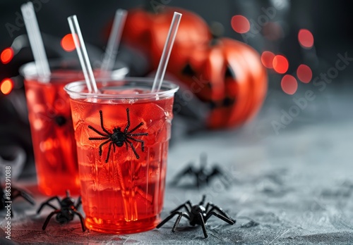 Red Halloween Drinks With Spiders in Plastic Cups photo