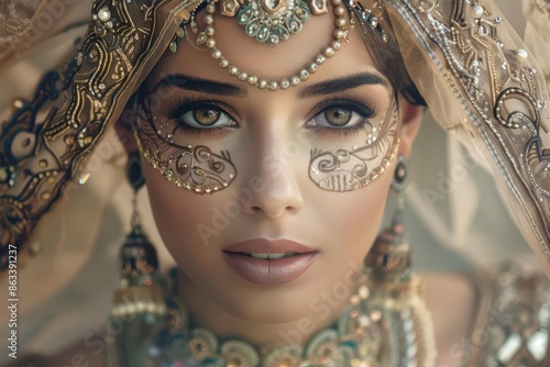middle eastern beauty portrait elegant woman in traditional veil with intricate henna patterns and jewelry