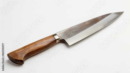 A chef's knife with wooden handle isolated on the white background. Generative AI