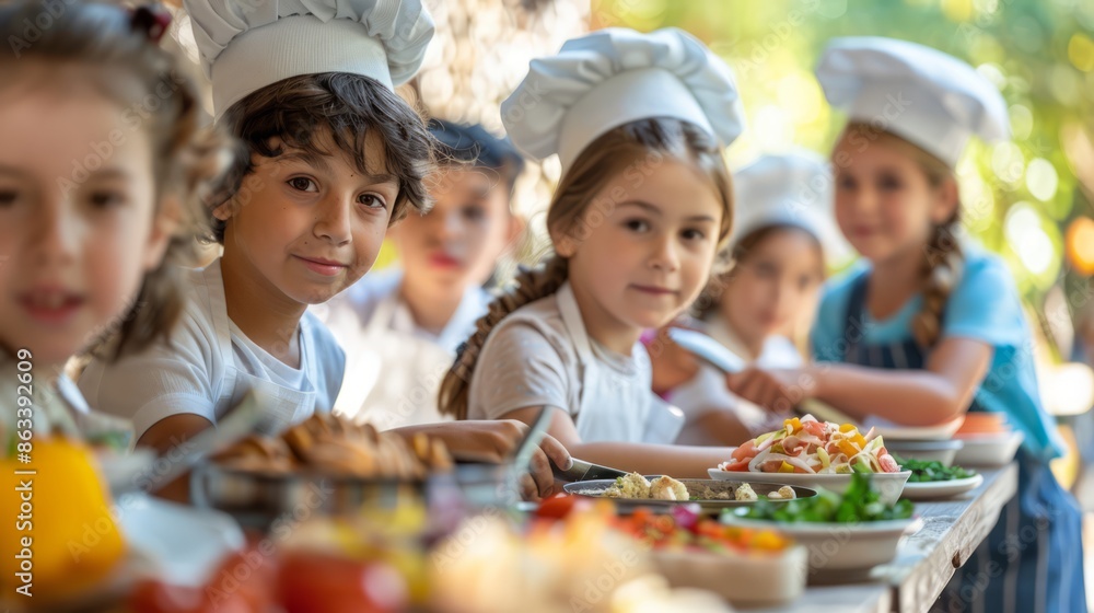 kids pretending to be chefs in a makeshift kitchen, creating imaginative dishes and enjoying creative play, with copy space for text kids pretending to be chefs in a makeshift kitchen, creating imaginative dishes and enjoying creative play, with copy space for text