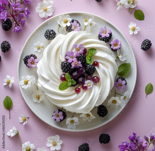 White Cream Dessert With Blackberries and Flowers on Pink Background