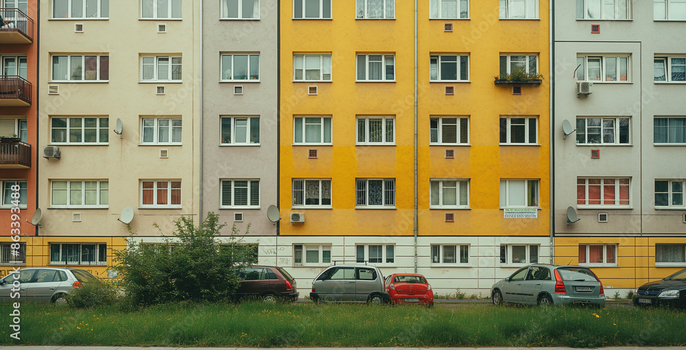 Fototapeta premium apartment building in the city of munich, Germany with two rows of three windows on each floor and one wall that is painted beige with yellow accents