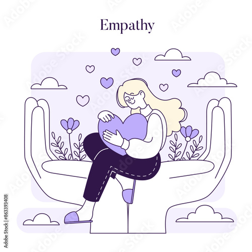 A nurturing illustration of a woman cradling a heart, representing compassion and understanding in personal interactions