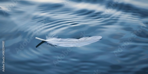 A serene image of a single feather floating on calm water, with gentle ripples creating a sense of tranquility © RealPeopleStudio