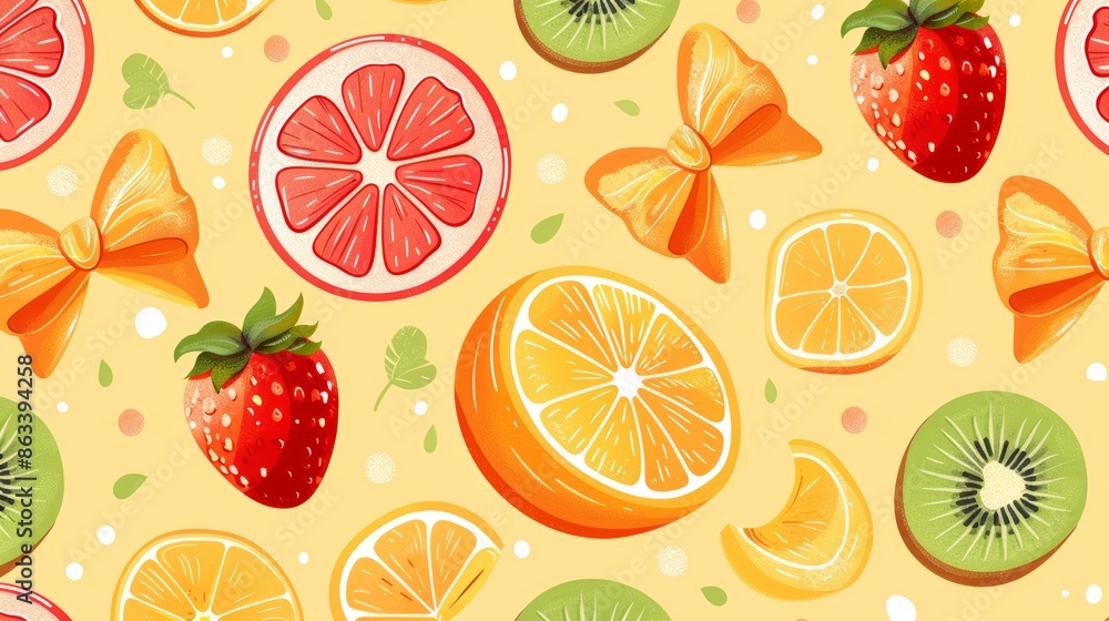 A seamless pattern featuring fruit slices, bows, and leaves on a yellow background. A seamless pattern featuring fruit slices, bows, and leaves on a yellow background.