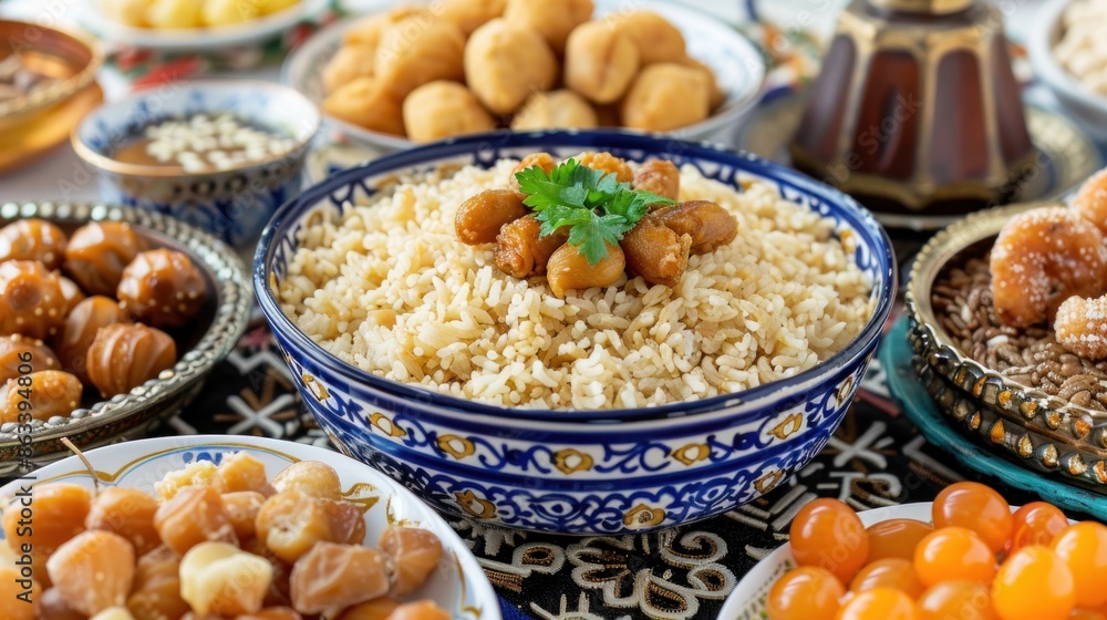 A table with a variety of foods, including rice, nuts, and fruit. The table is set for a meal, and the food looks delicious and inviting A table with a variety of foods, including rice, nuts, and fruit. The table is set for a meal, and the food looks delicious and inviting