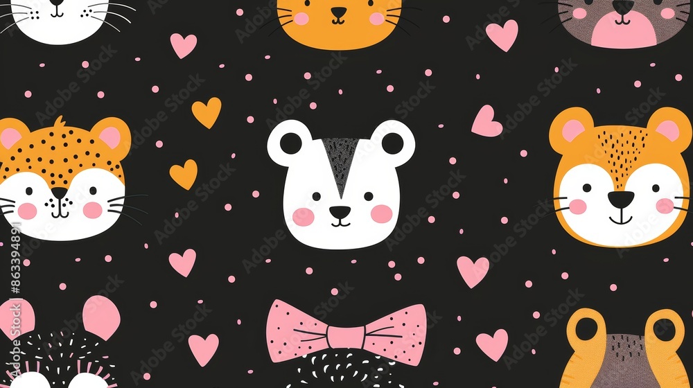 Cute animal faces with hearts and dots on a black background. Perfect for children's products, fabric, and wallpaper. A cheerful and playful pattern. Cute animal faces with hearts and dots on a black background. Perfect for children's products, fabric, and wallpaper. A cheerful and playful pattern.