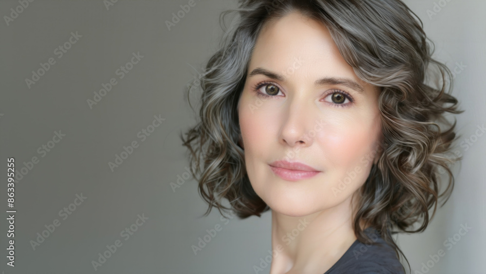 A woman in her late 40s or early 50s with slightly graying hair isolated against a gray background. Youthful, natural complexion. Copy space. A woman in her late 40s or early 50s with slightly graying hair isolated against a gray background. Youthful, natural complexion. Copy space.
