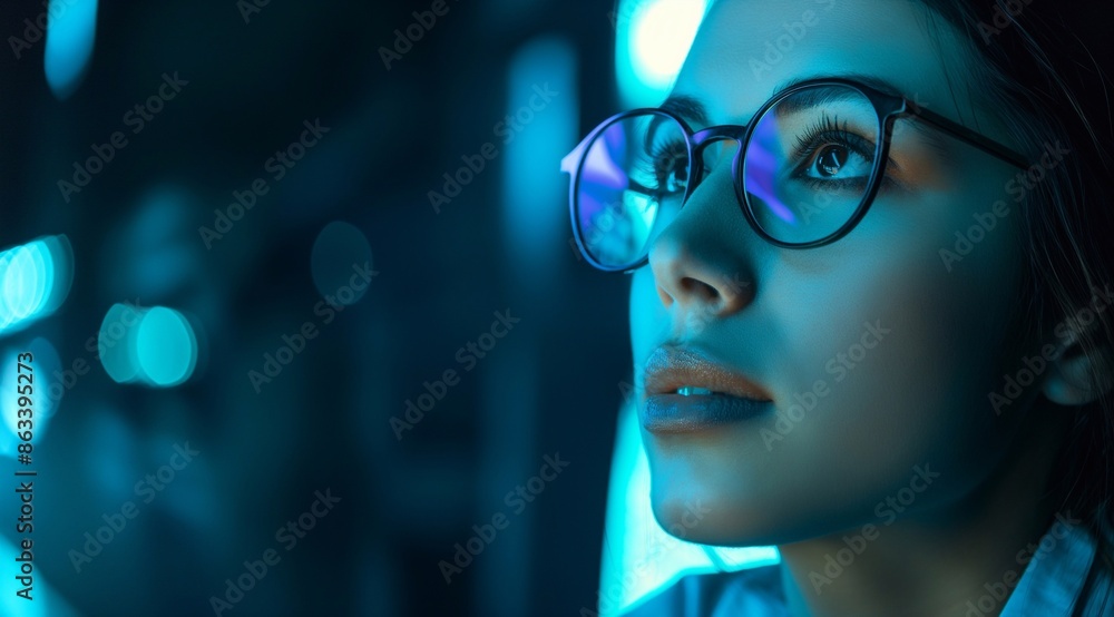 female cyber security analyst analysing AI cyberspace threats on computer in dark tech office data centre. Blue lighting. IT specialist ethical hacking. female cyber security analyst analysing AI cyberspace threats on computer in dark tech office data centre. Blue lighting. IT specialist ethical hacking.