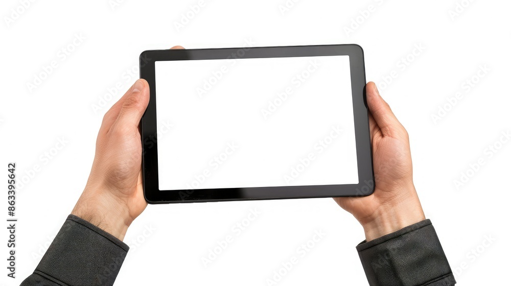 Close-up of hands holding a tablet with a blank screen, perfect for design work Close-up of hands holding a tablet with a blank screen, perfect for design work