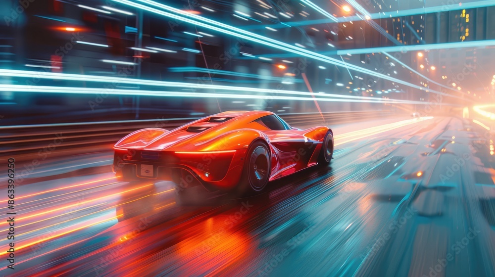 Fototapeta premium Sports car on the move: an elegant automobile speeding down the road, blending luxury with performance for an unmatched driving experience.