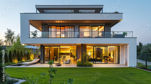 Modern house with well-maintained lawn and a terrace, surrounded by lush greenery and trees, featuring sleek architectural elements and large glass windows. © NaphakStudio