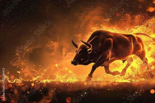 raging bull market fiery silhouette of charging bull symbolizing aggressive economic growth and investment momentum © Lucija