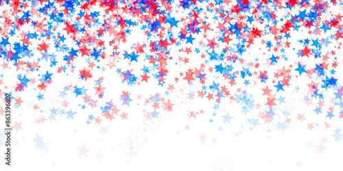 Scattered red and blue stars falling over white background for USA celebrations like 4th of July, Memorial Day, Veteran's Day, or other patriotic US American holidays.