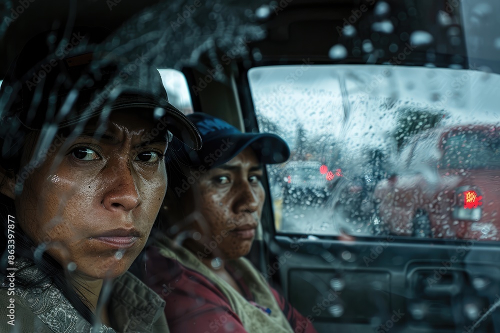Obraz premium Traffic Weariness: Mixed Latin Race Driver and Wife Displaying Sadness and Boredom During Daytime Traffic in Guatemala City.