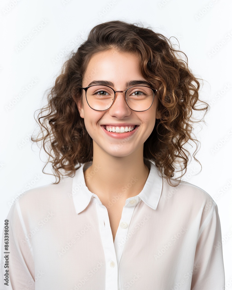 Obraz premium Smiling Woman with Curly Hair Wearing Glasses