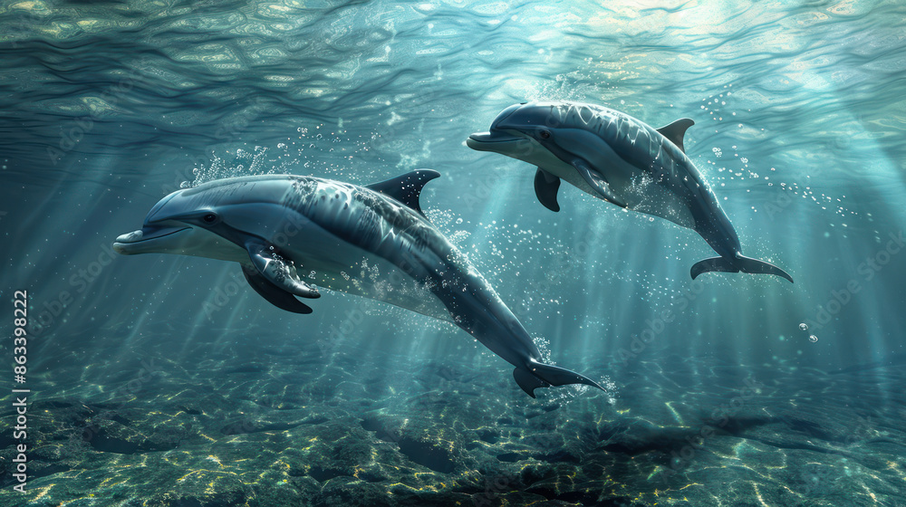Naklejka premium Pair of dolphins swimming together, marine love captured, synchronized swimming, aquatic life beauty, underwater duet, enchanting sea creatures, tranquil ocean moments, ocean wildlife