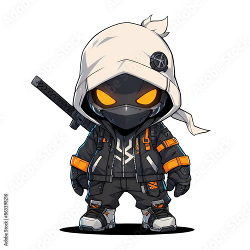 A cartoon character with a white hoodie and orange and black accessories